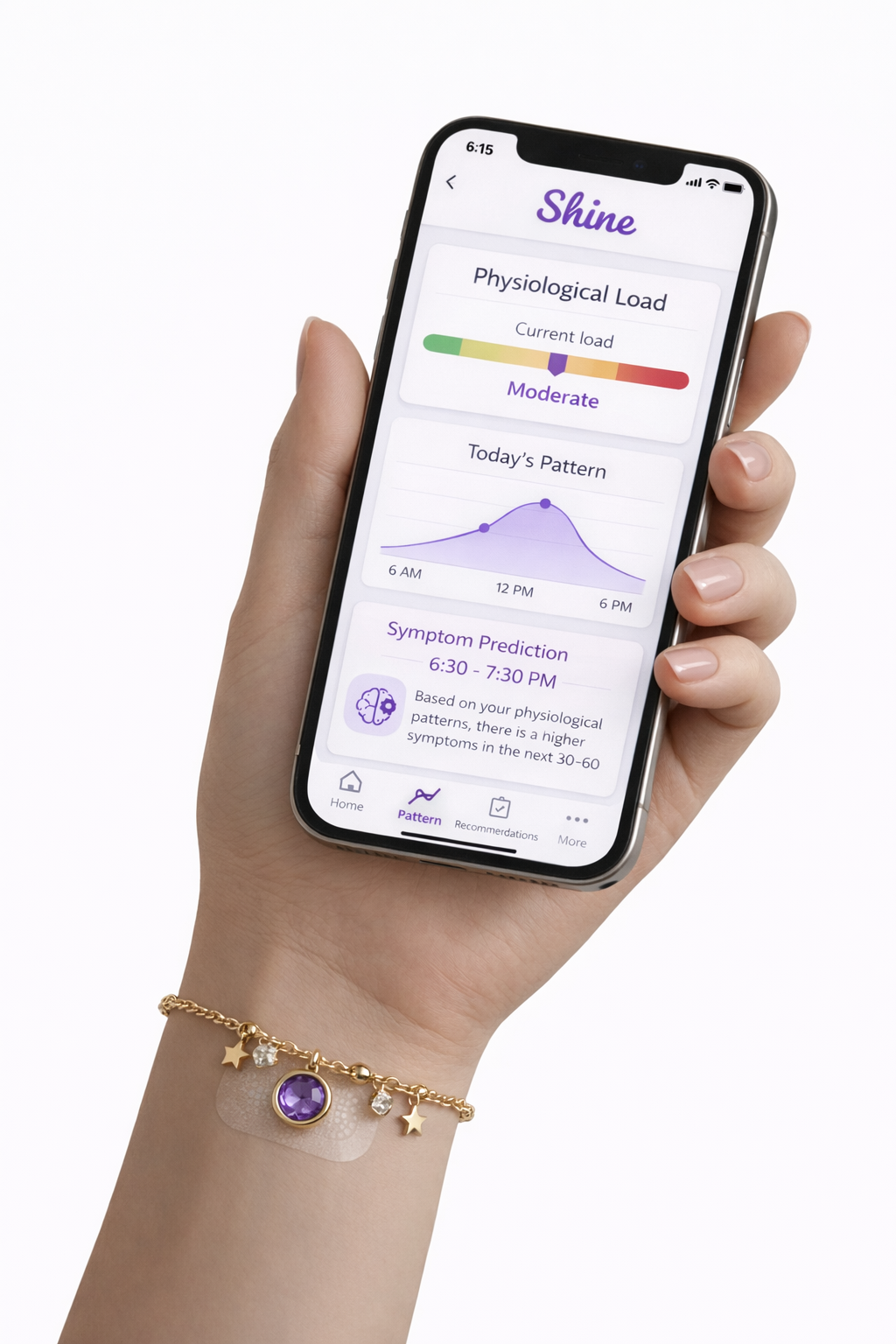 Hand holding smartphone displaying Shine app interface with cortisol tracking and symptom prediction